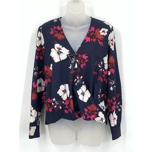 A New Day Blouse  XS Navy Blue Floral Print Faux Wrap Long Sleeve